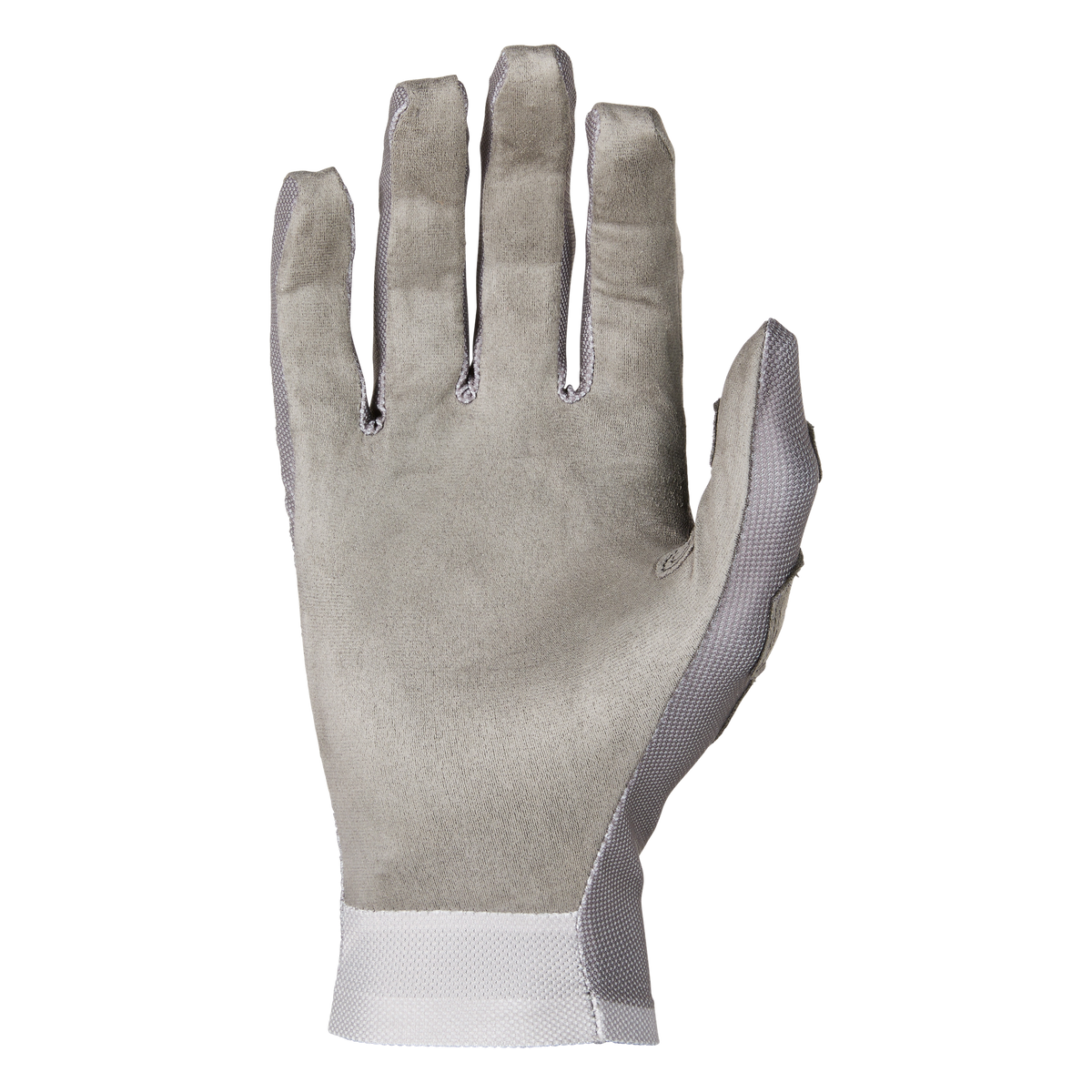Ein einzelner hellgrauer O'NEAL PODIUM 1.0 Handschuh von O'NEAL ist mit der Handfläche nach oben abgebildet und zeigt eine strukturierte Oberfläche und weißes Gewebe an der Seite und am Bündchen vor einem schwarzen Hintergrund.
