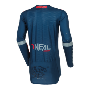 Le maillot O'NEAL PRODIGY FIVE THREE en bleu, avec le logo "O'NEAL" à l'arrière et un graphique d'ours noir et rouge, est fabriqué en mesh respirant - idéal pour les aventures à vélo et de qualité haute performance.