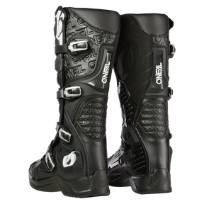 Der O'NEAL RMX PRO Stiefel - ein schwarzer Motocross-Stiefel mit strukturiertem Muster, verstellbaren Schnallen und verstärkten Einsätzen von O'NEAL - von der Seite und von hinten gesehen, perfekt für Ihr nächstes Offroad-Abenteuer.