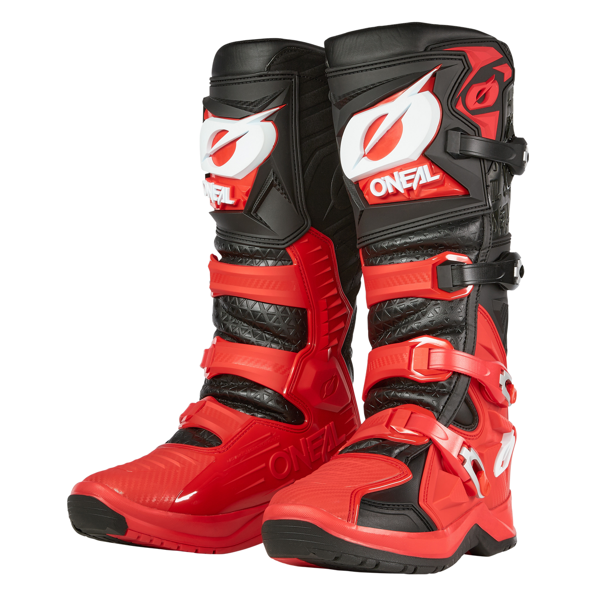 A pair of O'NEAL RMX PRO boots in red, black and white with eye-catching O'NEAL branding, multi-adjustable buckles and robust soles are pictured upright against a white background.