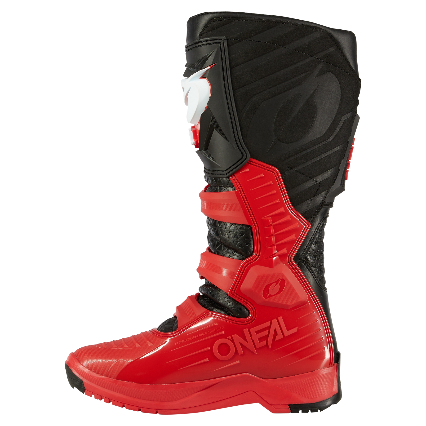 Der O'NEAL RMX PRO Stiefel in Rot und Schwarz verfügt über verstärkte Paneele, Schnallen, strukturierte Muster und eine griffige Sohle, die alle für Offroad-Motorradabenteuer konzipiert sind. Das O'NEAL-Logo ist an der Seite angebracht.