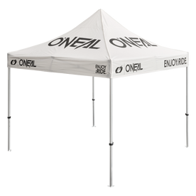 The O'NEAL RACE TENT is a white outer tent with the inscriptions "O'NEAL" and "ENJOY RIDE" in black on the roof and sides, supported by four metal feet.