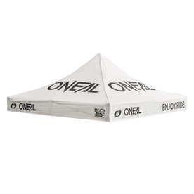 Cubierta blanca de la CARPA O'NEAL con techo puntiagudo en la que aparece la marca "O'NEAL" y la frase "ENJOY RIDE." en letras negras en los laterales y en el techo sobre fondo transparente.