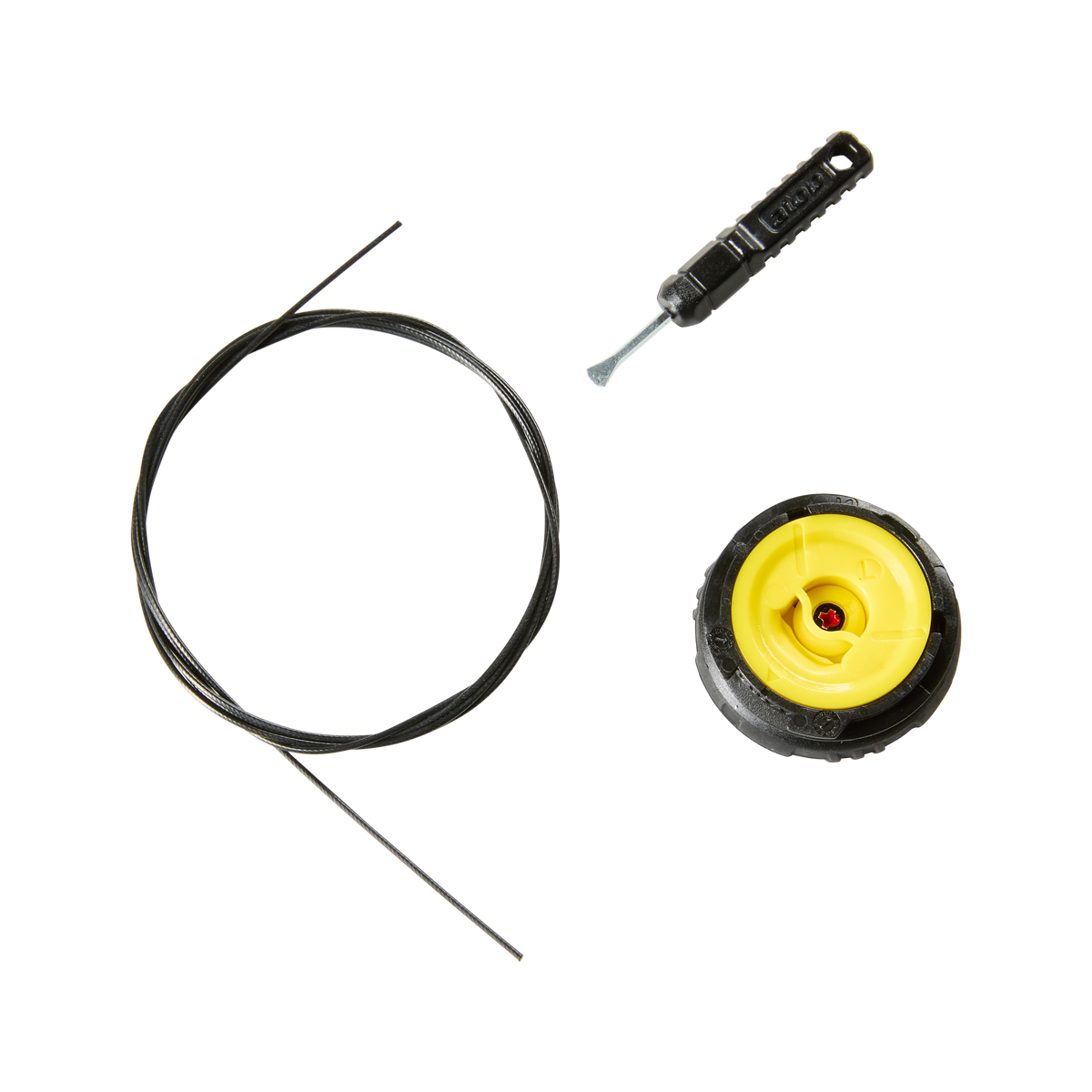 The O'NEAL SESSION SPD Shoe Lace Tensioner Kit 2022 from O'NEAL is clearly arranged on a white background and consists of a trimmer head with a yellow center, a black trimmer line and a small black tool with a metal tip.