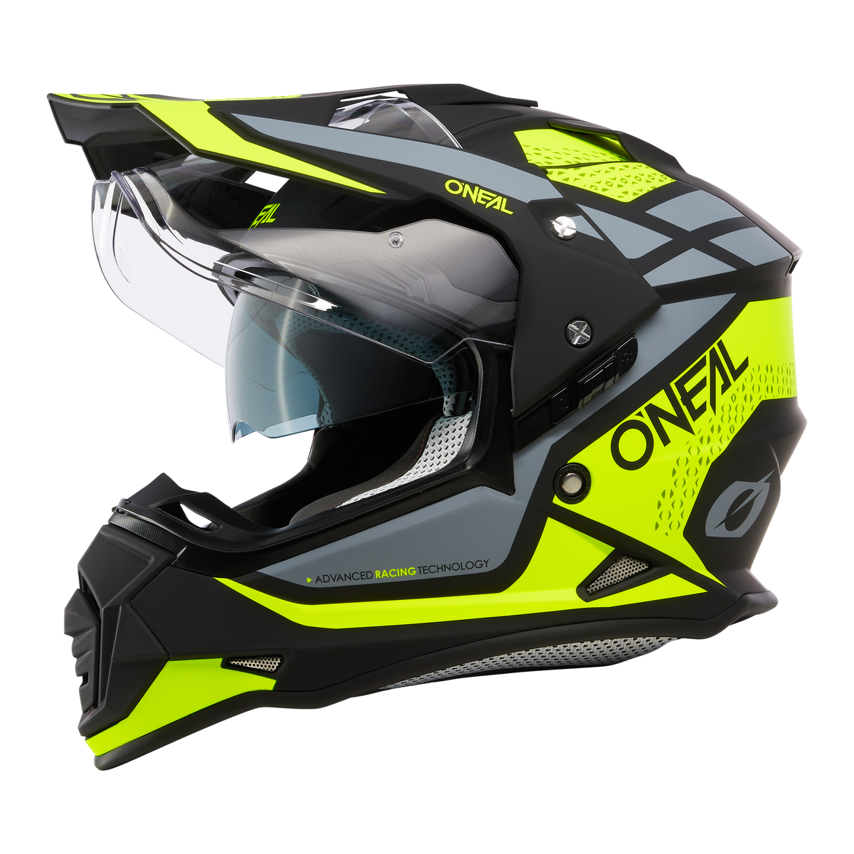 The O'NEAL SIERRA Helmet R is a black and neon yellow helmet with a tinted visor, aerodynamic shape, ventilation and eye-catching geometric patterns as well as the O'NEAL logo on the sides and top.