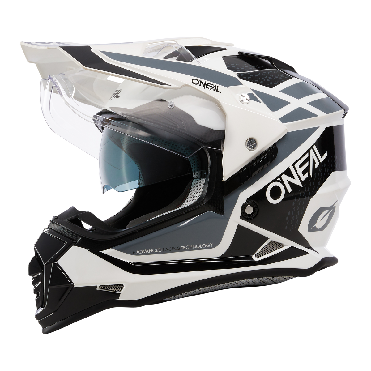 The O'NEAL SIERRA Helmet R is a black and white helmet with geometric patterns, the O'NEAL logo, a tinted visor, a ventilated chin guard and a sun shield for comfort and style.