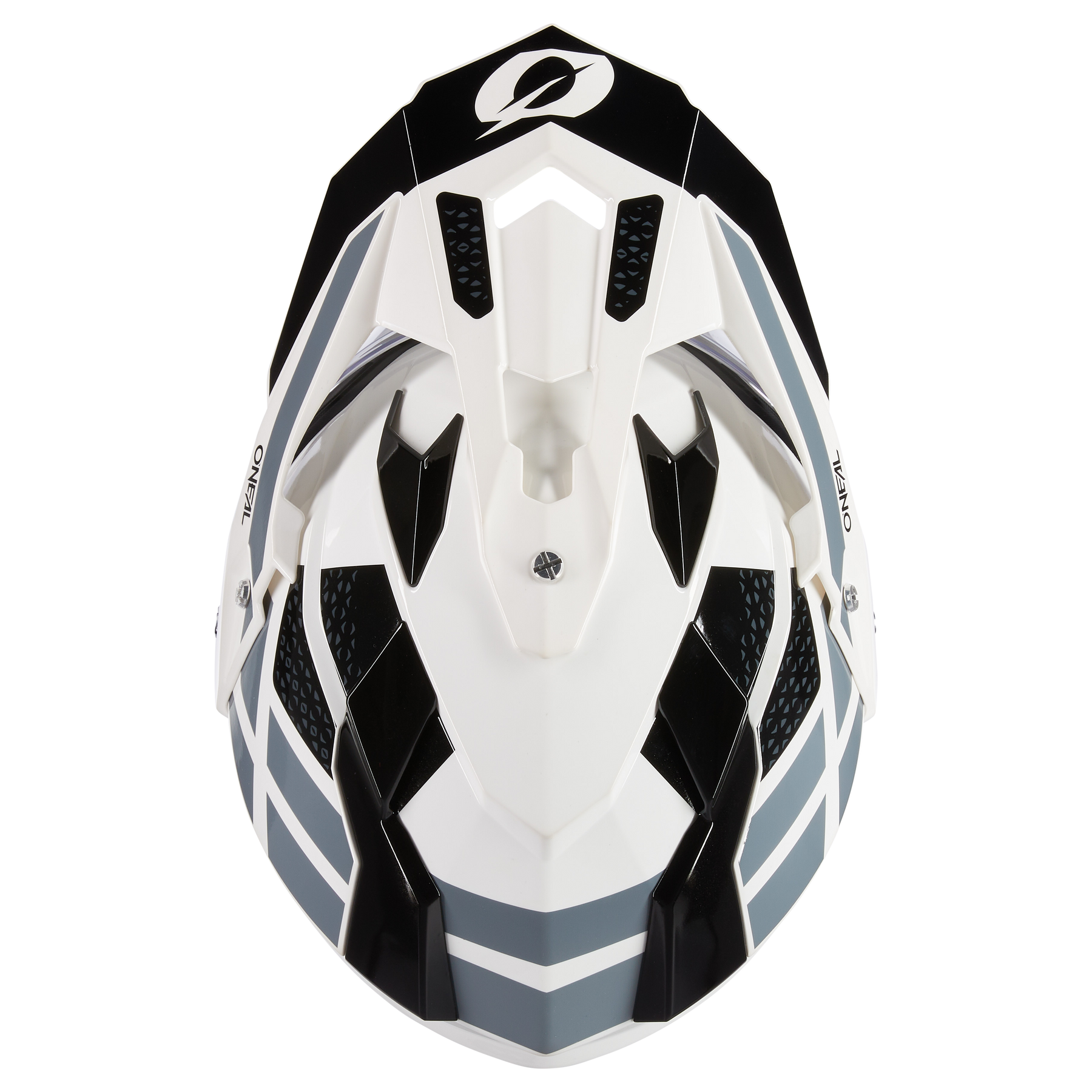 Draufsicht auf den O'NEAL SIERRA Helm R, einen weiß-schwarzen O'NEAL-Motocross-Helm mit grauen Streifen, großen Belüftungsöffnungen und einem markanten Visier, dargestellt vor einem schwarzen Hintergrund.