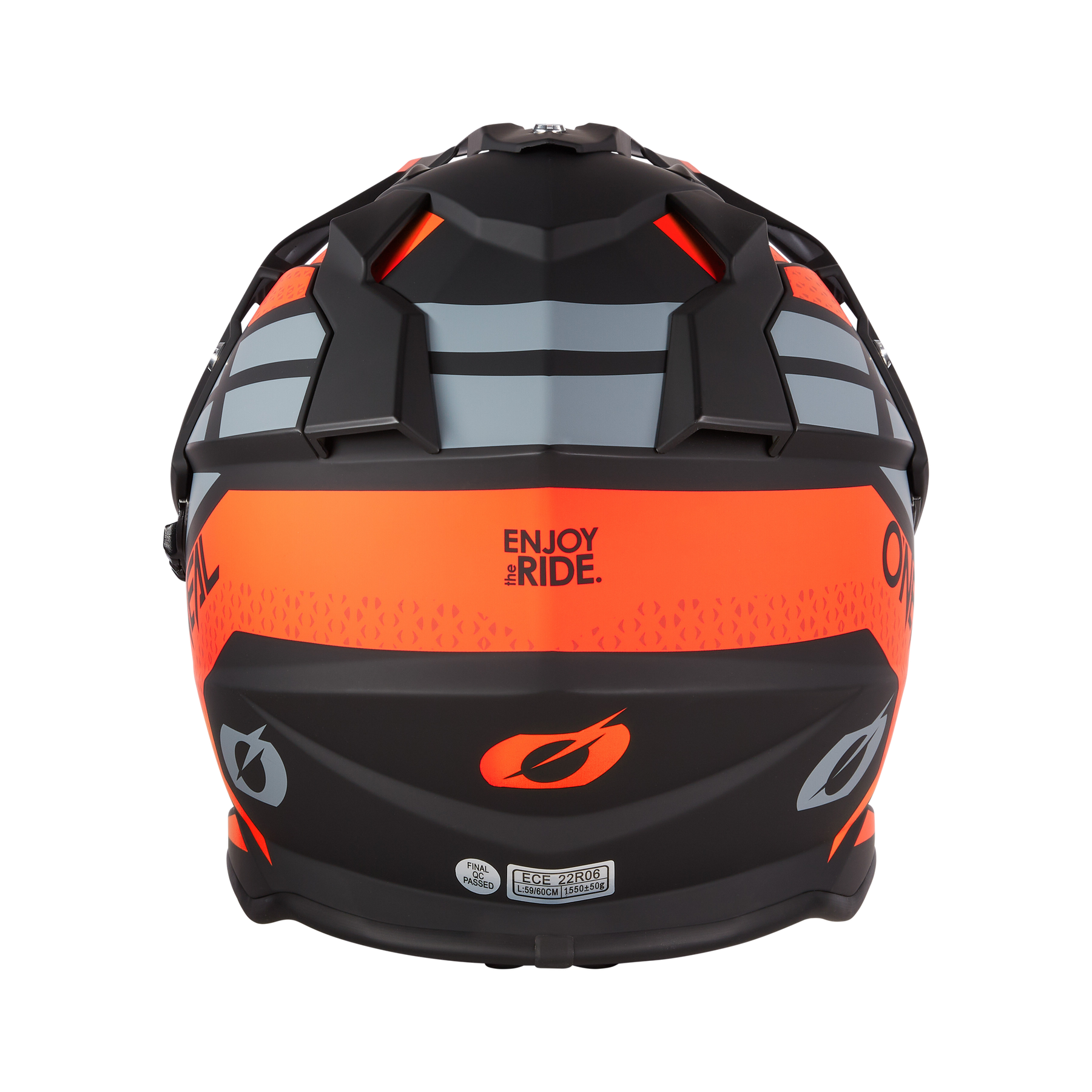 Das Bild zeigt die Rückseite eines mattschwarzen und orangefarbenen O'NEAL SIERRA Helm R mit grauen Streifen und dem Schriftzug ENJOY the RIDE" in Schwarz, der ein schnittiges, aerodynamisches Design von O'NEAL aufweist.