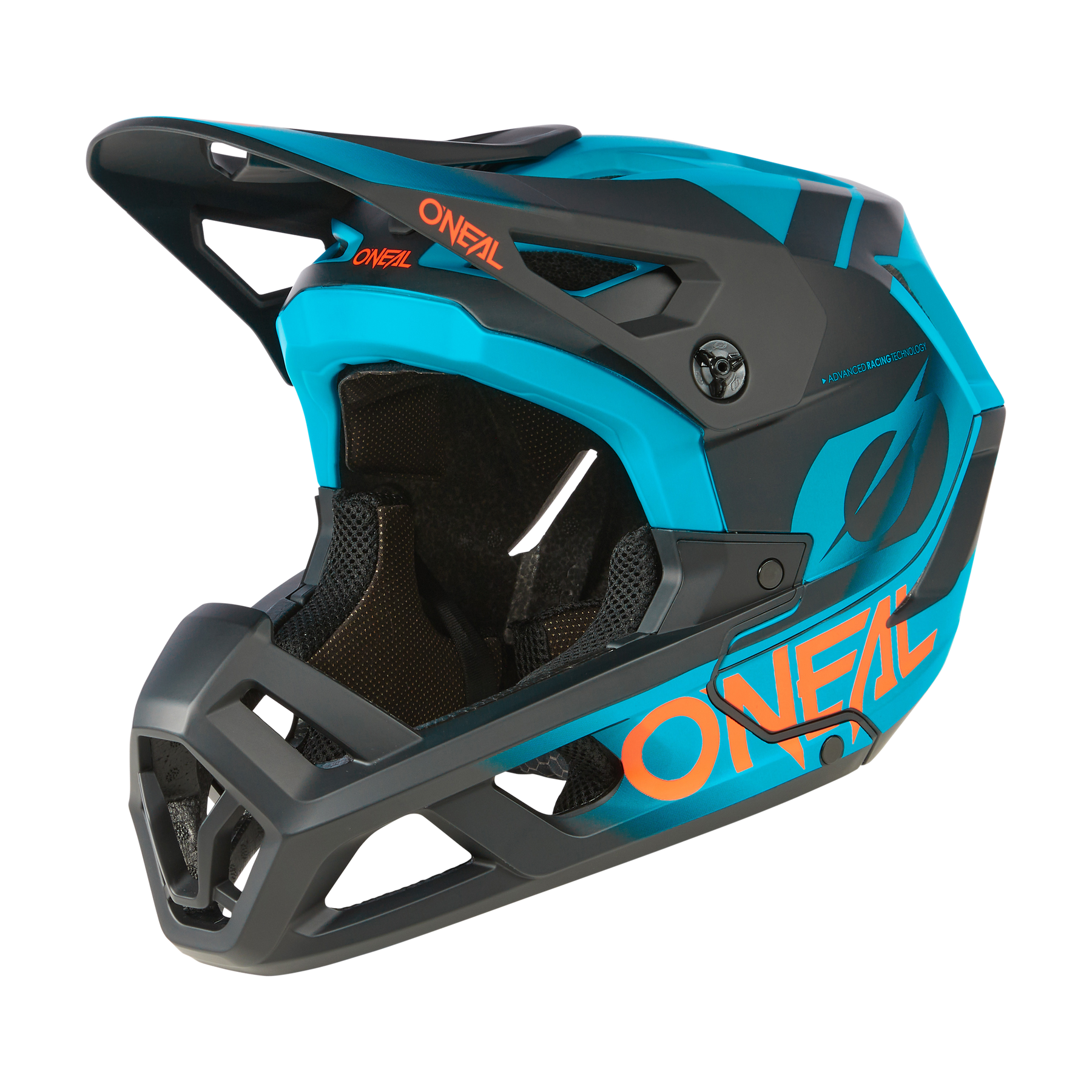 L'O'NEAL SL1 Helmet Strike è un casco integrale blu e nero con accenti arancioni, ampia mentoniera e aperture di ventilazione, sviluppato da O'NEAL per una protezione e un comfort ottimali durante il motocross.