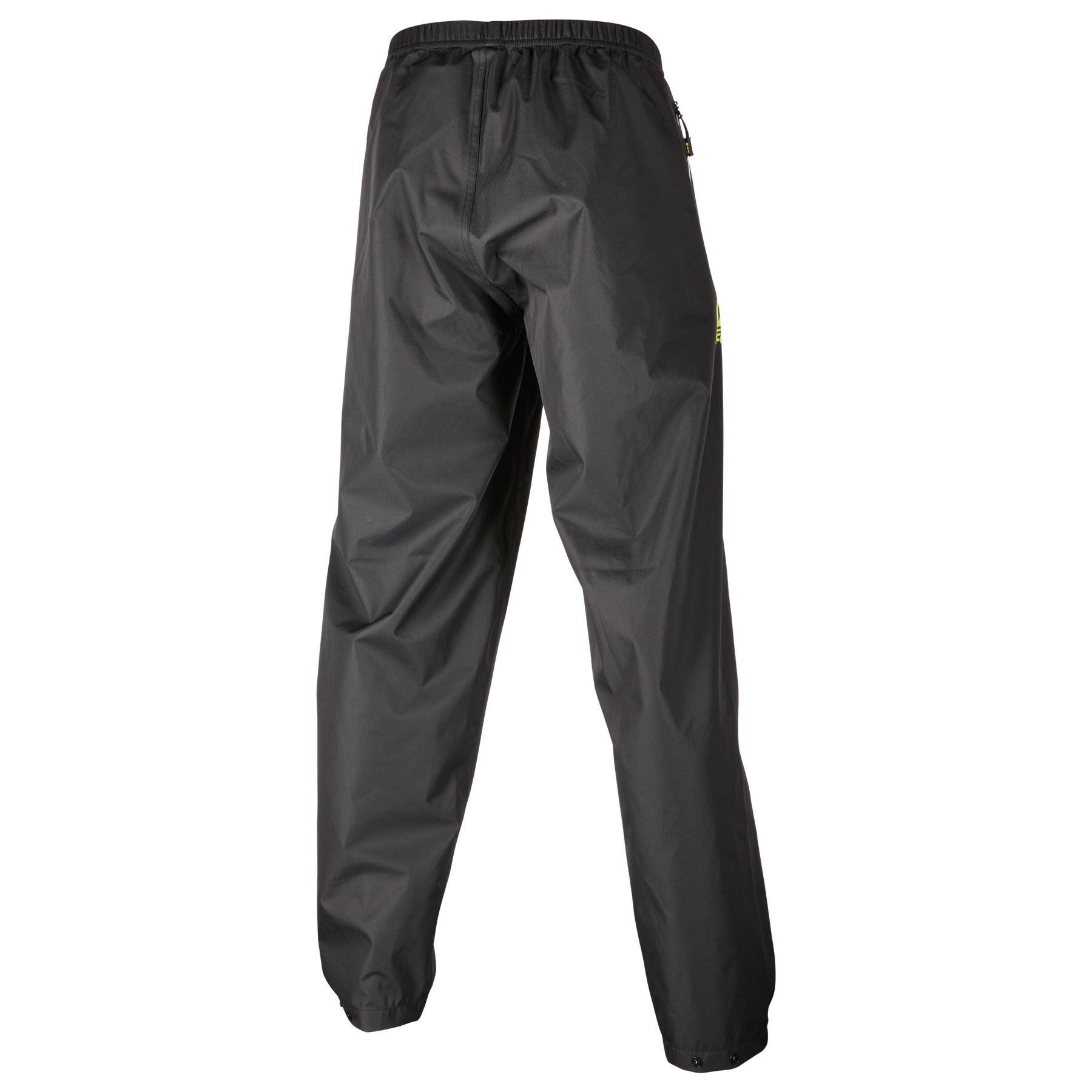 Die O'NEAL TSUNAMI Regenhose, eine schwarze Regenhose mit elastischem Bund von O'NEAL, ist aufrecht stehend und nach hinten gewandt vor einem schlichten weißen Hintergrund abgebildet.