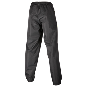 I pantaloni da pioggia O'NEAL Tsunami, pantaloni neri con elastico in vita di O'NEAL, sono raffigurati in piedi e rivolti all'indietro su uno sfondo bianco.