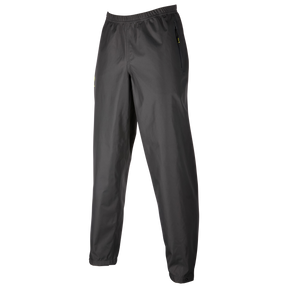 Un paio di pantaloni da pioggia O'NEAL Tsunami neri a tinta unita con elastico in vita e tasche laterali con zip su sfondo bianco.