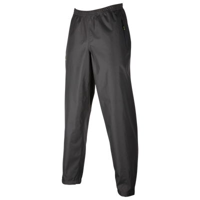 Un paio di pantaloni da pioggia O'NEAL Tsunami neri a tinta unita con elastico in vita e tasche laterali con zip su sfondo bianco.