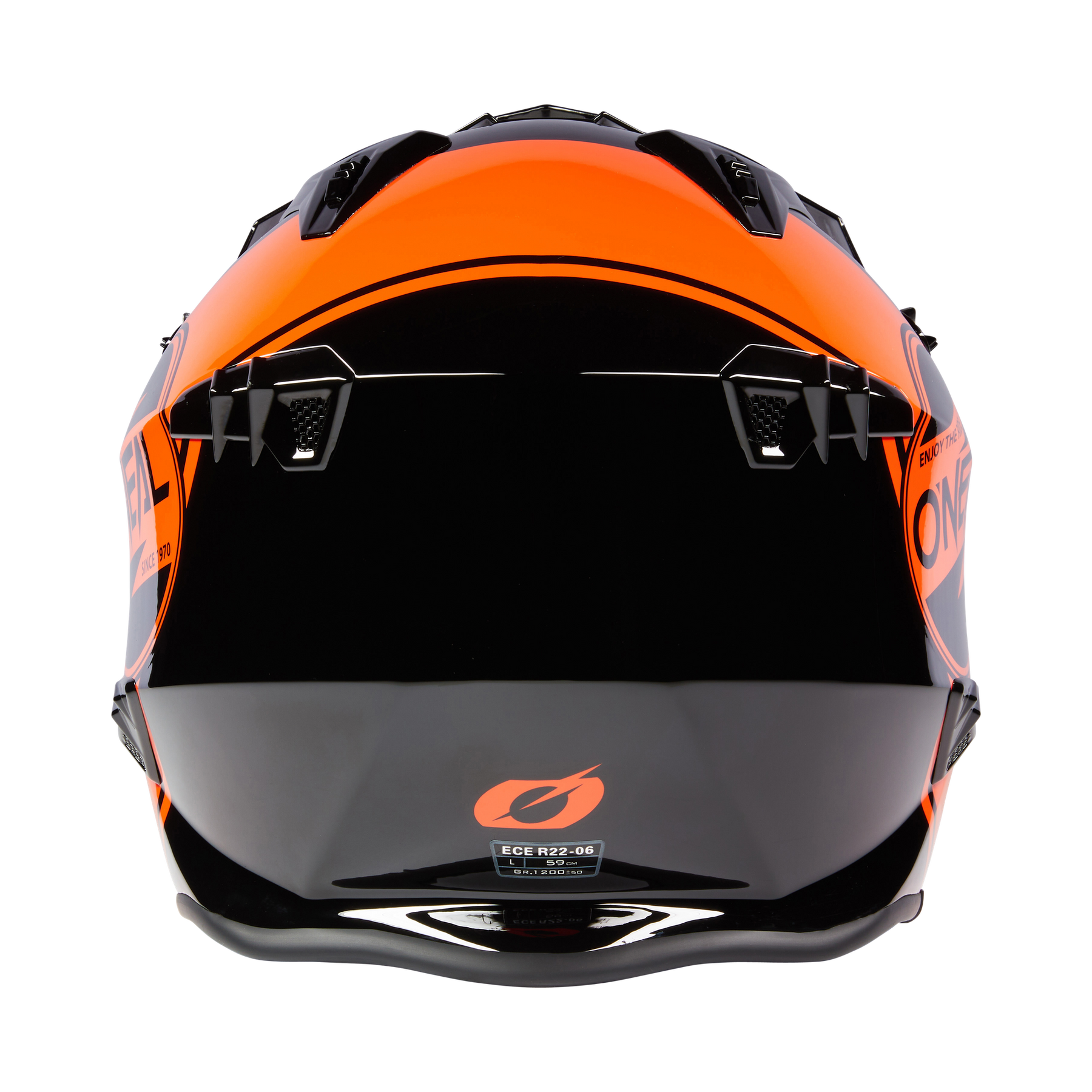 Der Motorradhelm O'NEAL VOLT Helm CORP von O'NEAL besticht durch sein auffälliges orange-schwarzes Design mit kantigen Belüftungsöffnungen und einer glänzenden Oberfläche, wenn man ihn von hinten betrachtet.
