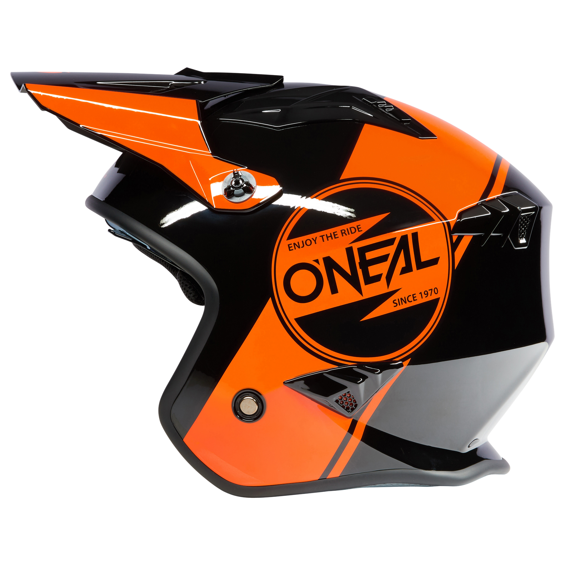 Der O'NEAL VOLT Helm CORP ist ein schwarz-oranger Motocross-Helm mit Visier, geometrischen Grafiken und dem Schriftzug "ENJOY THE RIDE O'NEAL SINCE 1970" an der Seite.