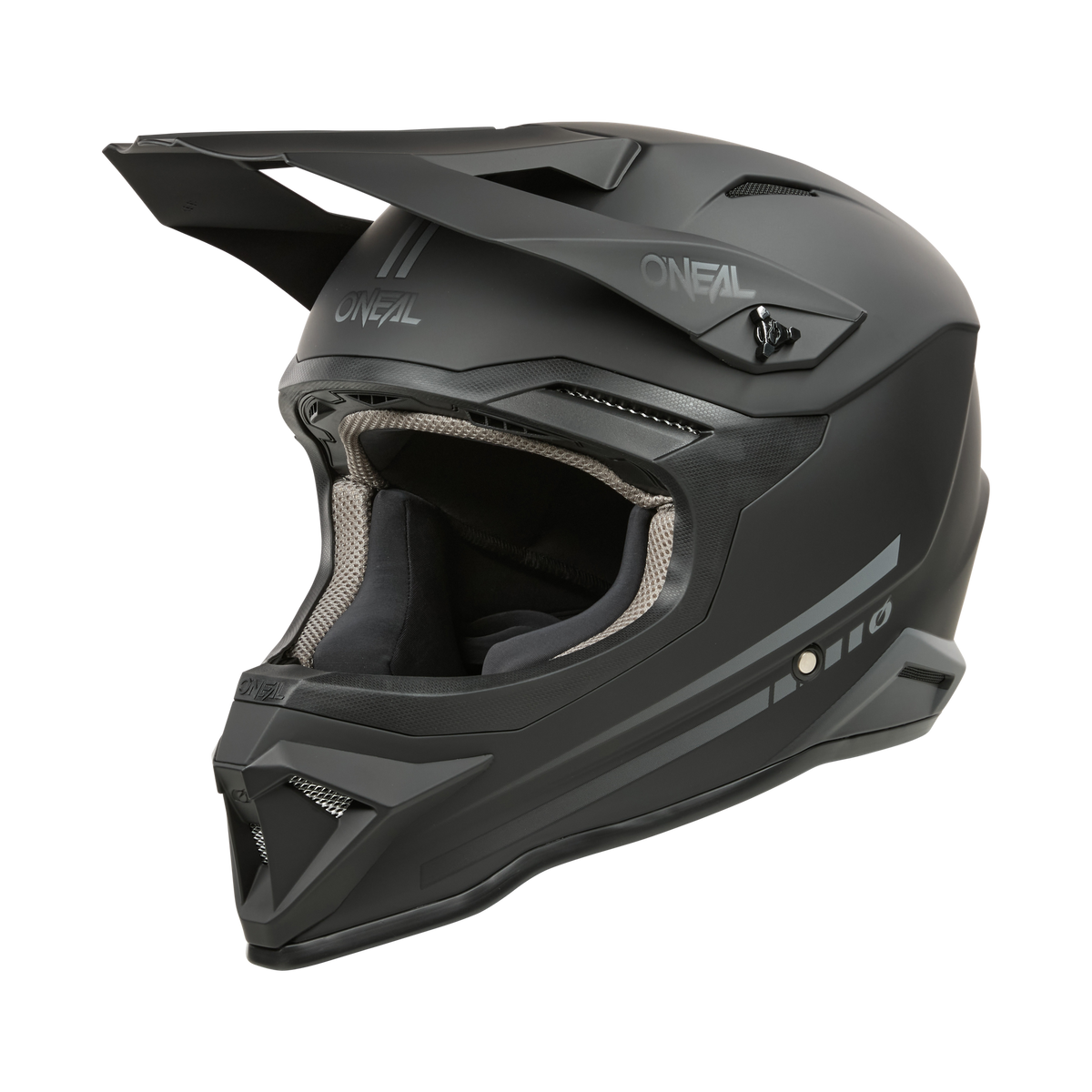 El casco O'NEAL 1SRS Solid es un casco integral negro mate con una robusta estructura de ABS para motocross, un diseño anguloso y la llamativa marca O'NEAL en el lateral.