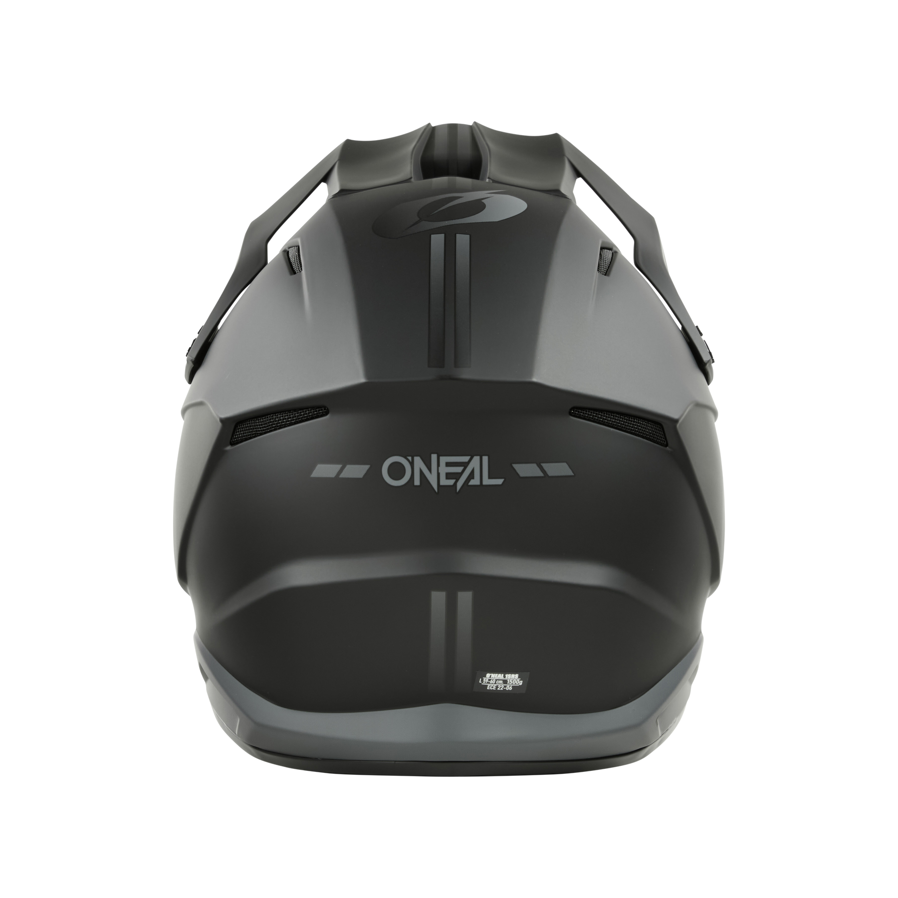Rückansicht des mattschwarzen O'NEAL 1SRS Helm SOLID mit Visier und dezenten grauen Streifen, mit dem O'NEAL-Logo in der Mitte, entwickelt für Motocross-Enthusiasten, die hochwertige Technik suchen.