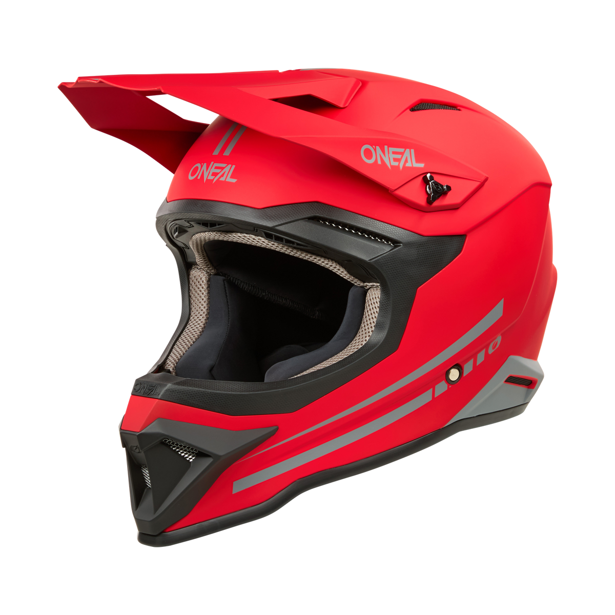 Vista laterale del casco integrale O'NEAL 1SRS Solid in rosso e nero con accenti grigi e visiera. Sviluppato da O'NEAL, raffigurato su uno sfondo nero.