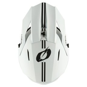 Il casco O'NEAL 1SRS Solid è un casco da motocross in ABS bianco nella vista dall'alto, con strisce centrali e laterali nere, un logo "O" stilizzato sulla parte anteriore e l'impronta "OZANO" su entrambi i lati, che sottolinea la qualità della tecnologia O'NEAL.