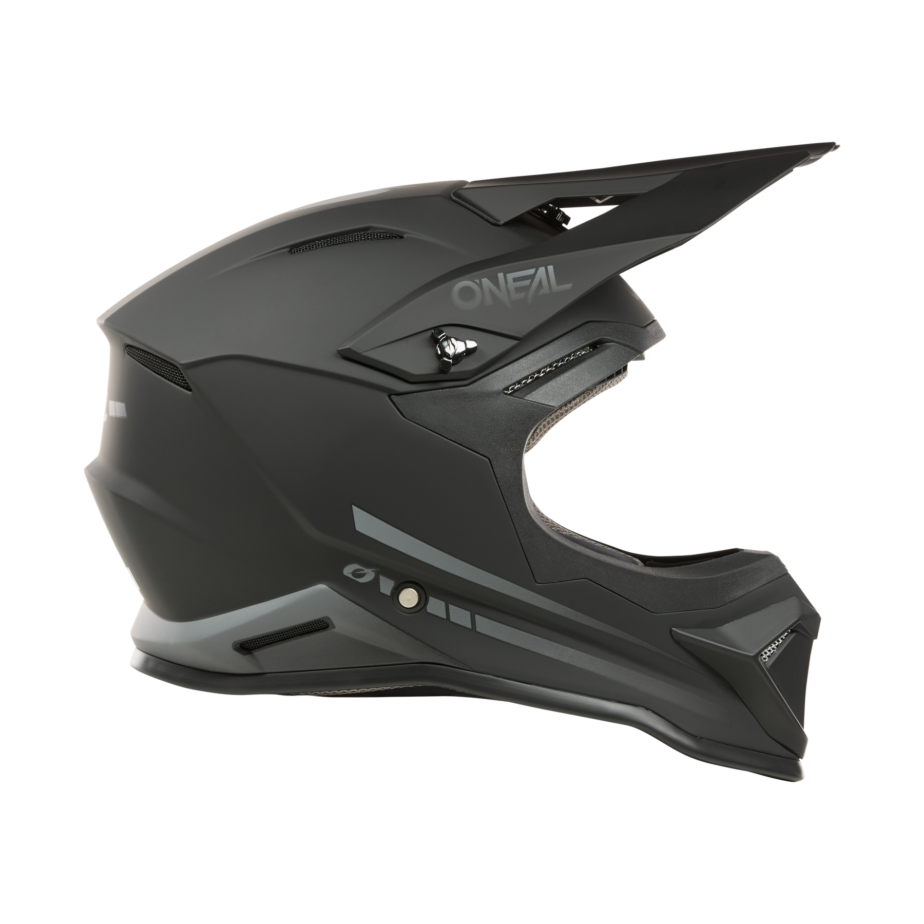 Der O'NEAL 1SRS Helm Kinder SOLID ist ein mattschwarzer Fullface-Jugendhelm mit Visier und aerodynamischem Design, mit "O'NEAL"-Branding an der Seite und einer robusten ABS-Schale - ideal für junge Motocross-Fahrer.