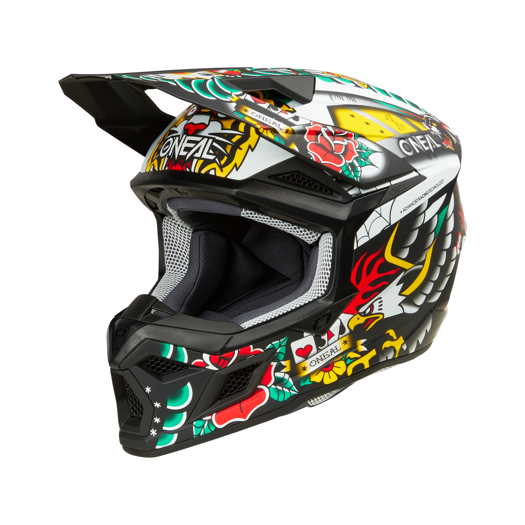 Der O'NEAL 3SRS Helm INKED verfügt über auffällige, farbenfrohe Grafiken mit Rosen, Herzen und abstrakten Mustern sowie ein schwarzes Visier und einen Kinnschutz - perfekt für Ihr nächstes Motocross-Rennen.