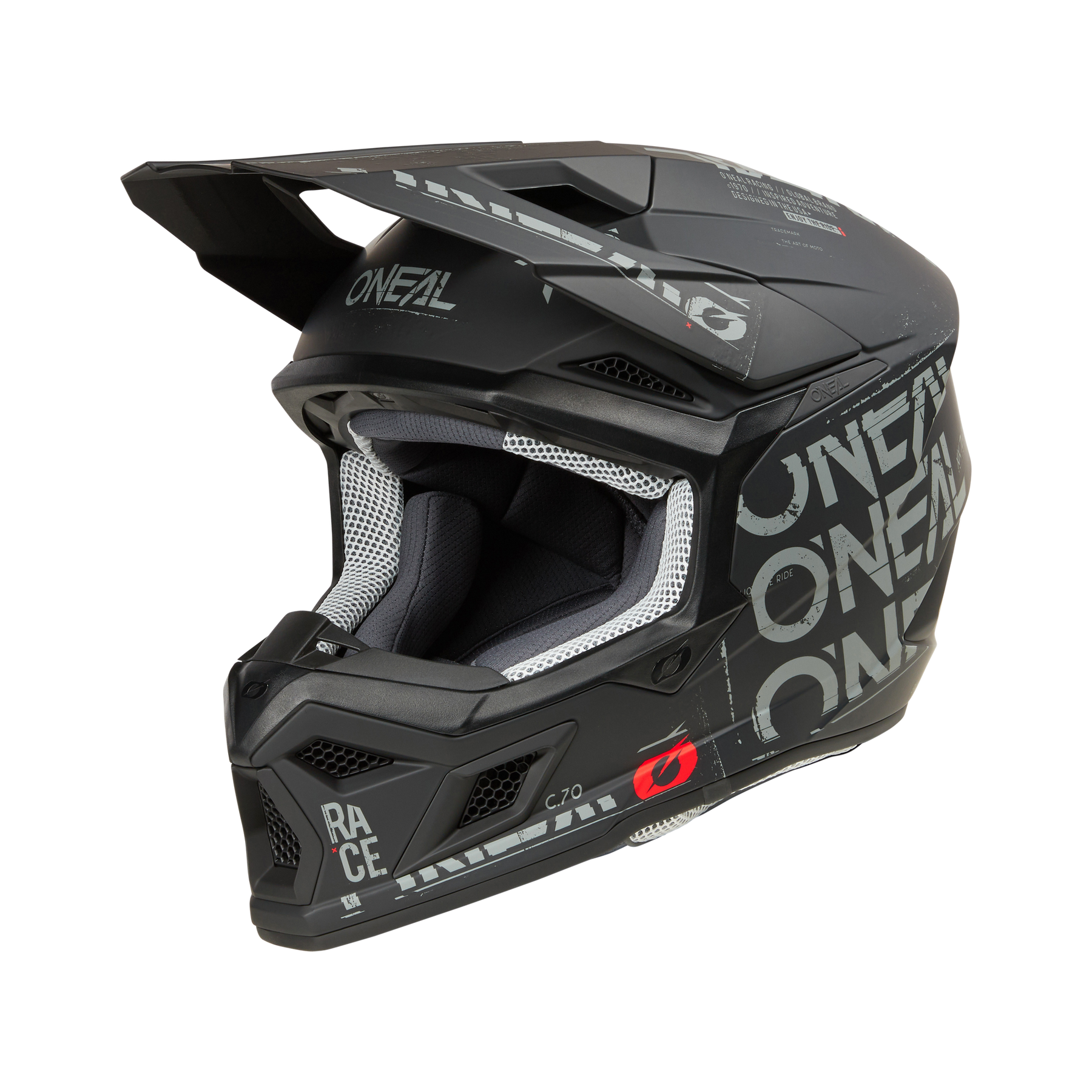 Der O'NEAL 3SRS Helm STATIC ist ein schwarz-grauer Fullface-Motocross-Helm mit geometrischen Mustern und einem Visier, das auf einem schlichten schwarzen Hintergrund abgebildet ist.