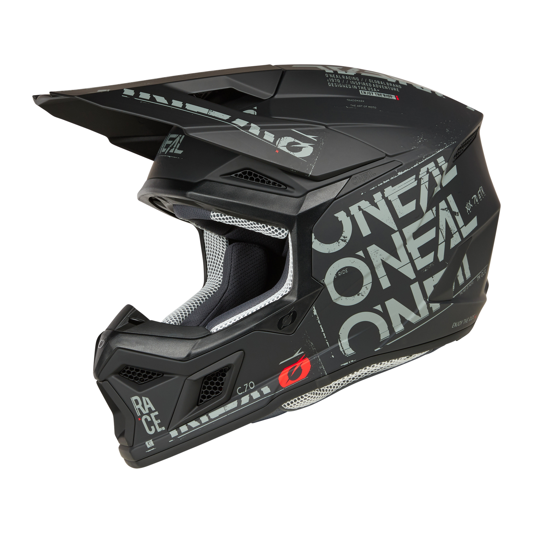 Ein schwarzer O'NEAL 3SRS Helm STATIC Fullface-Motocross-Helm mit Visier, weißen O'NEAL-Logos, grauen Grafiken an den Seiten und am Kinnschutz sowie sichtbarer Netzpolsterung innen.