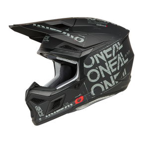Casco integrale da motocross O'NEAL 3SRS STATIC nero con visiera, loghi O'NEAL bianchi, grafica grigia sui lati e sulla mentoniera e imbottitura interna in rete visibile.