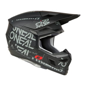 Il casco O'NEAL 3SRS STATIC è un casco da motocross nero opaco con grafiche grigie e bianche, una visiera e il marchio O'NEAL, visibile nel profilo laterale su sfondo nero.