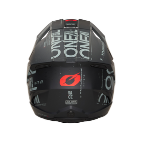 Casco da motocross O'NEAL 3SRS nero opaco STATIC, visto da dietro, con accattivanti loghi "O'NEAL" bianchi, accenti rossi, dettagli grafici tra cui "RACE", etichette di certificazione di sicurezza e robusta struttura della calotta in ABS.