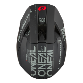 Il casco O'NEAL 3SRS STATIC in nero opaco, visto dall'alto, è caratterizzato dagli accattivanti loghi O'NEAL in bianco e dalle scritte "ENJOY RIDE." e "RACE CREW", ideali per gli appassionati di motocross.