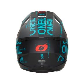 Il casco O'NEAL 3SRS STATIC in nero e verde acqua presenta una grafica accattivante, una finitura opaca e un marchio chiaro con un logo rosso vicino alla parte posteriore superiore - ideale per gli appassionati di motocross.