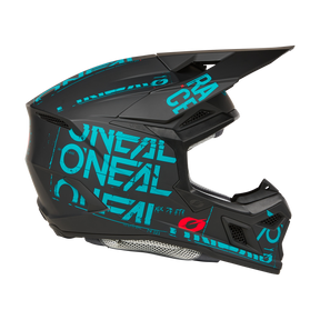 Il casco O'NEAL 3SRS STATIC è un casco da motocross integrale nero con grafica geometrica color petrolio, marchio "ONEAL", visiera, mentoniera e ventilazione per una circolazione ottimale dell'aria.