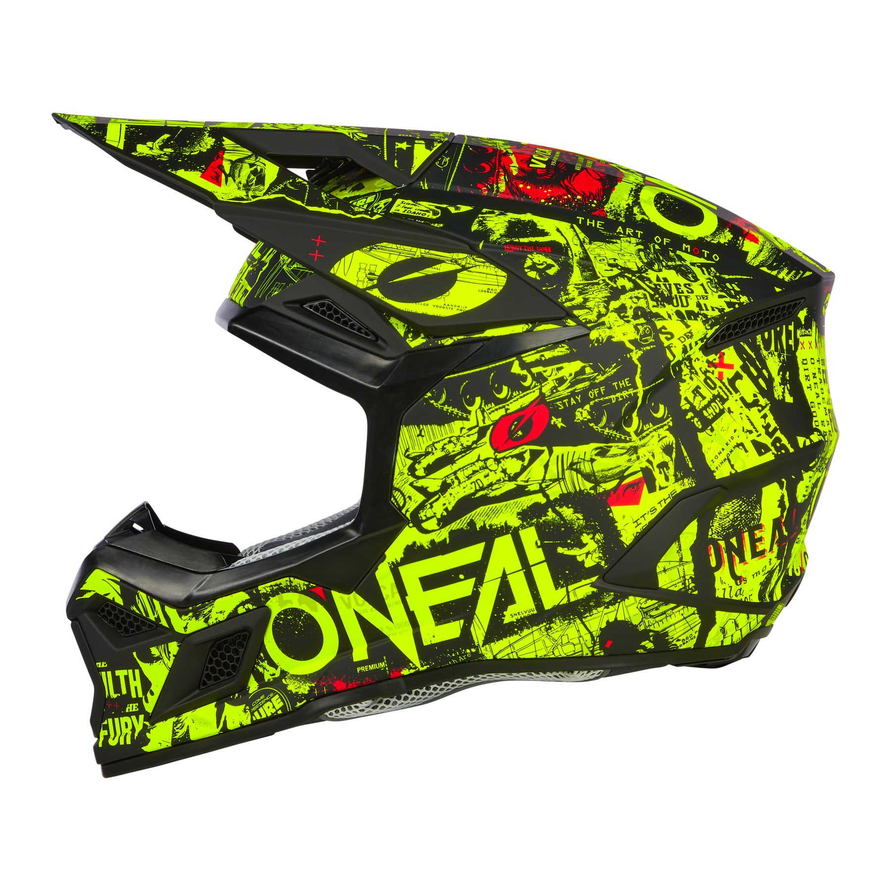 Der O'NEAL 3SRS Helm Kinder ATTACK ist ein farbenfroher Integralhelm für junge Fahrer mit einer auffälligen gelb-schwarzen Grafik, kühnen kantigen Linien, abstrakten Mustern, einem großen Visier und verbesserter Sicherheit.