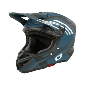 Le casque O'NEAL 5SRS Polyacrylite SPIKE est un casque de motocross fullface bleu et noir avec des bandes blanches, une grande visière, des trous d'aération et la marque O'NEAL.