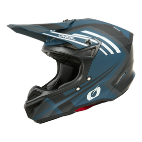 Le casque O'NEAL 5SRS Polyacrylite SPIKE a des couleurs bleues et noires, une visière, des bandes blanches et le logo O'NEAL sur le côté. Fabriqué en polyacrylite et illustré sur un fond noir simple.