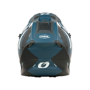 Le casque O'NEAL 5SRS Polyacrylite SPIKE en bleu et noir se présente de l'arrière avec un branding accrocheur, des ouvertures d'aération aérodynamiques et une coque robuste.