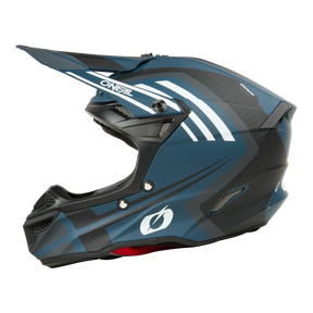 Le casque O'NEAL 5SRS Polyacrylite SPIKE est un casque de motocross bleu et noir avec des accents blancs, une coque ABS, une visière, des ouvertures d'aération, un design aérodynamique et un logo O'NEAL blanc sur le côté.
