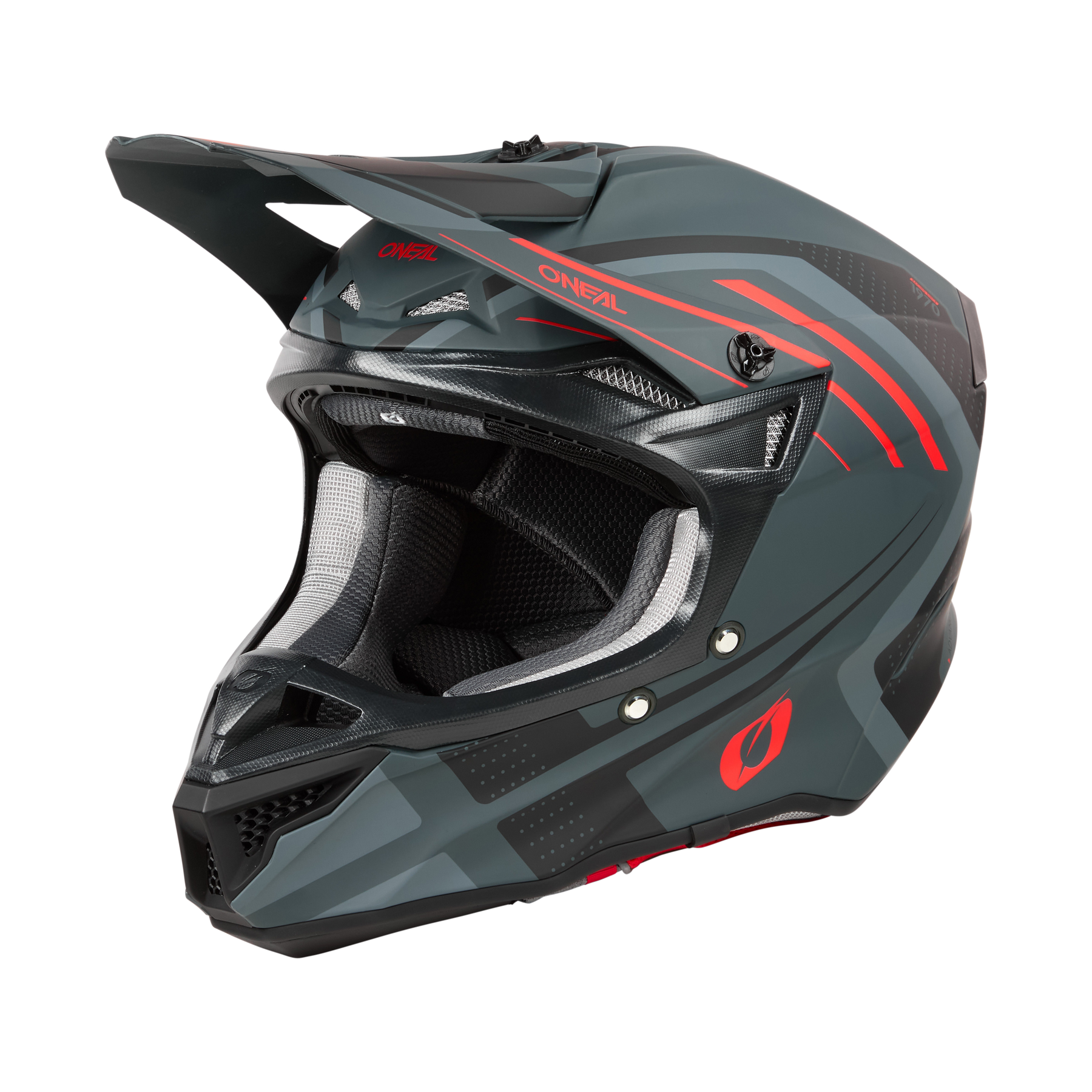 Der O'NEAL 5SRS Polyacrylite Helm SPIKE ist ein grau-schwarzer Helm mit roten Akzenten, einem Visier und seitlichem Logo, der mit seiner robusten, aerodynamischen Bauweise für Sicherheit und Komfort sorgt.