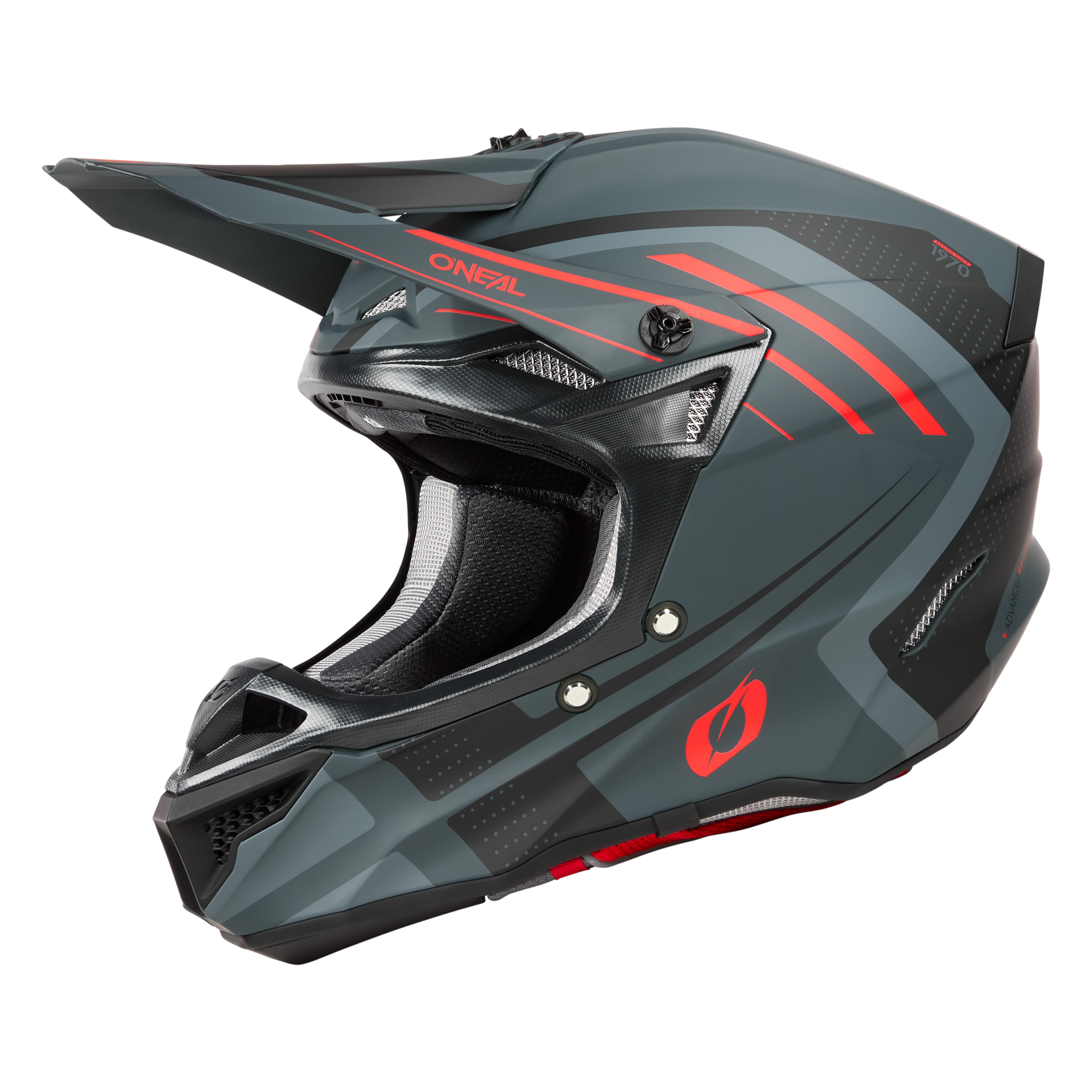 Der O'NEAL 5SRS Polyacrylite Helm SPIKE ist ein mattschwarzer und grauer Motocross-Vollvisierhelm mit roten Akzenten, geometrischen Mustern, einem markanten Visier, Belüftungspunkten und einer robusten Polyacrylite-Konstruktion.