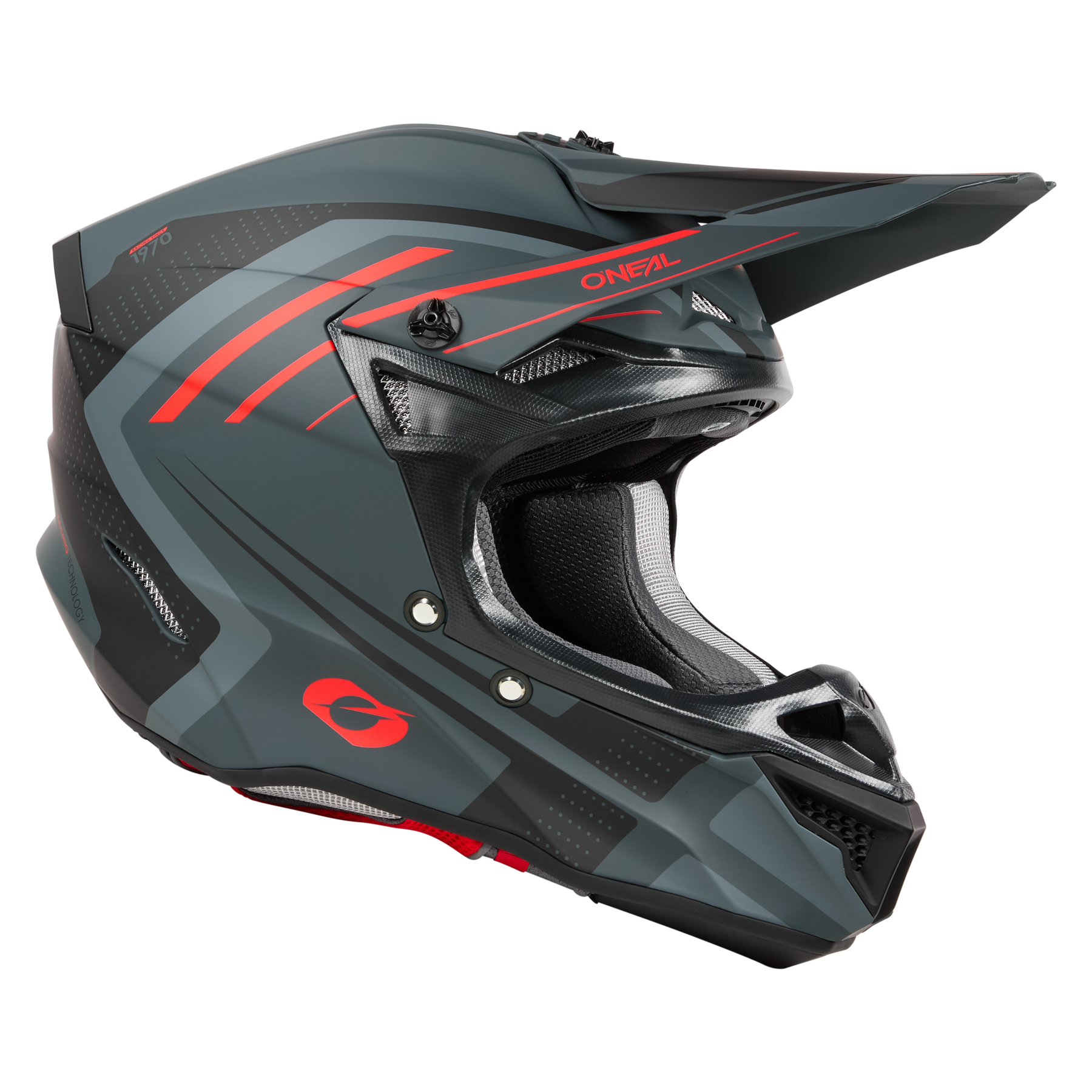Der O'NEAL 5SRS Polyacrylite Helm SPIKE ist ein mattschwarzer und grauer, offener Motocross-Helm mit roten Akzenten, Visier, kantigen Linien, robuster ABS-Konstruktion und dem O'NEAL-Logo an der Seite.