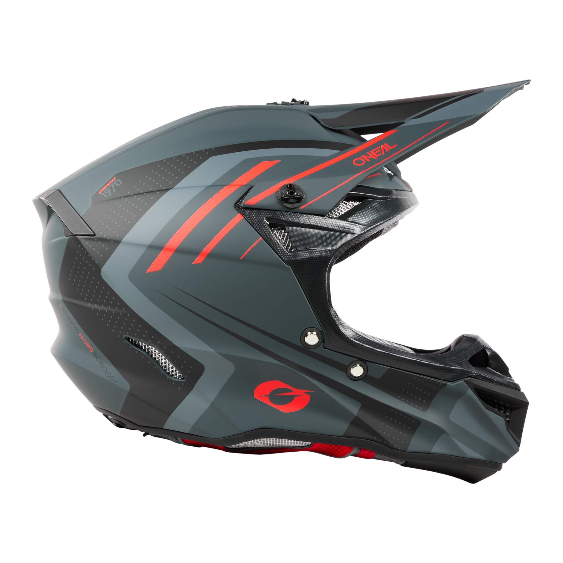 Der O'NEAL 5SRS Polyacrylite Helm SPIKE ist ein mattschwarzer und grauer offener Helm mit roten Akzenten und einem Visier, dargestellt von der linken Seite auf einem schlichten weißen Hintergrund.