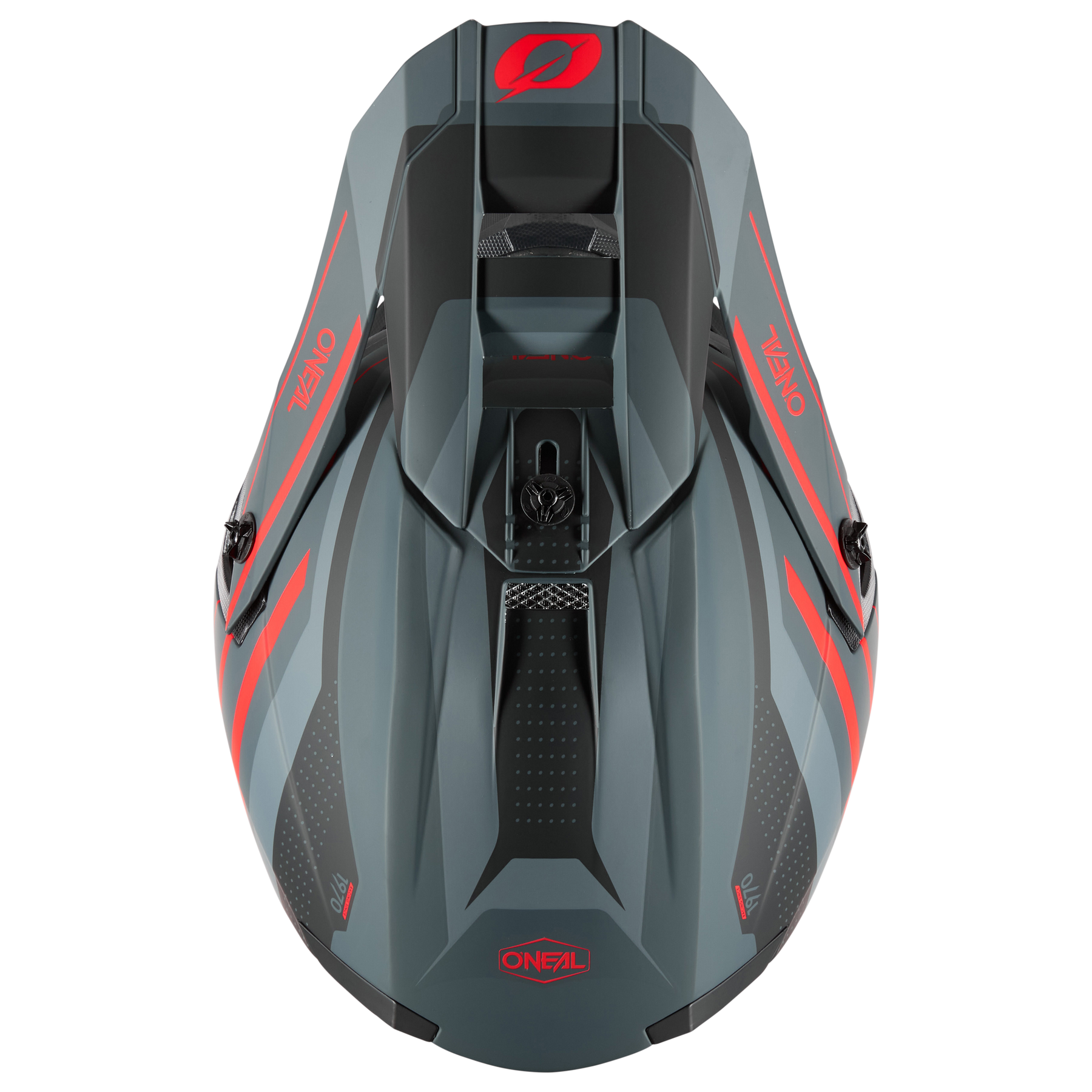 Draufsicht auf den O'NEAL 5SRS Polyacrylite Helm SPIKE, der sich durch ein elegantes dunkelgraues Design mit roten Akzenten, kantigen Linien und sicherheitsrelevanten ABS-Elementen aus der Motocross-Helmkollektion von O'NEAL auszeichnet.