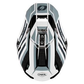 Vue de dessus du casque O'NEAL 5SRS Polyacrylite SPIKE en blanc, noir et gris avec des motifs géométriques, des ouvertures d'aération, une construction durable en polyacrylite et le logo O'NEAL sur le devant du casque.