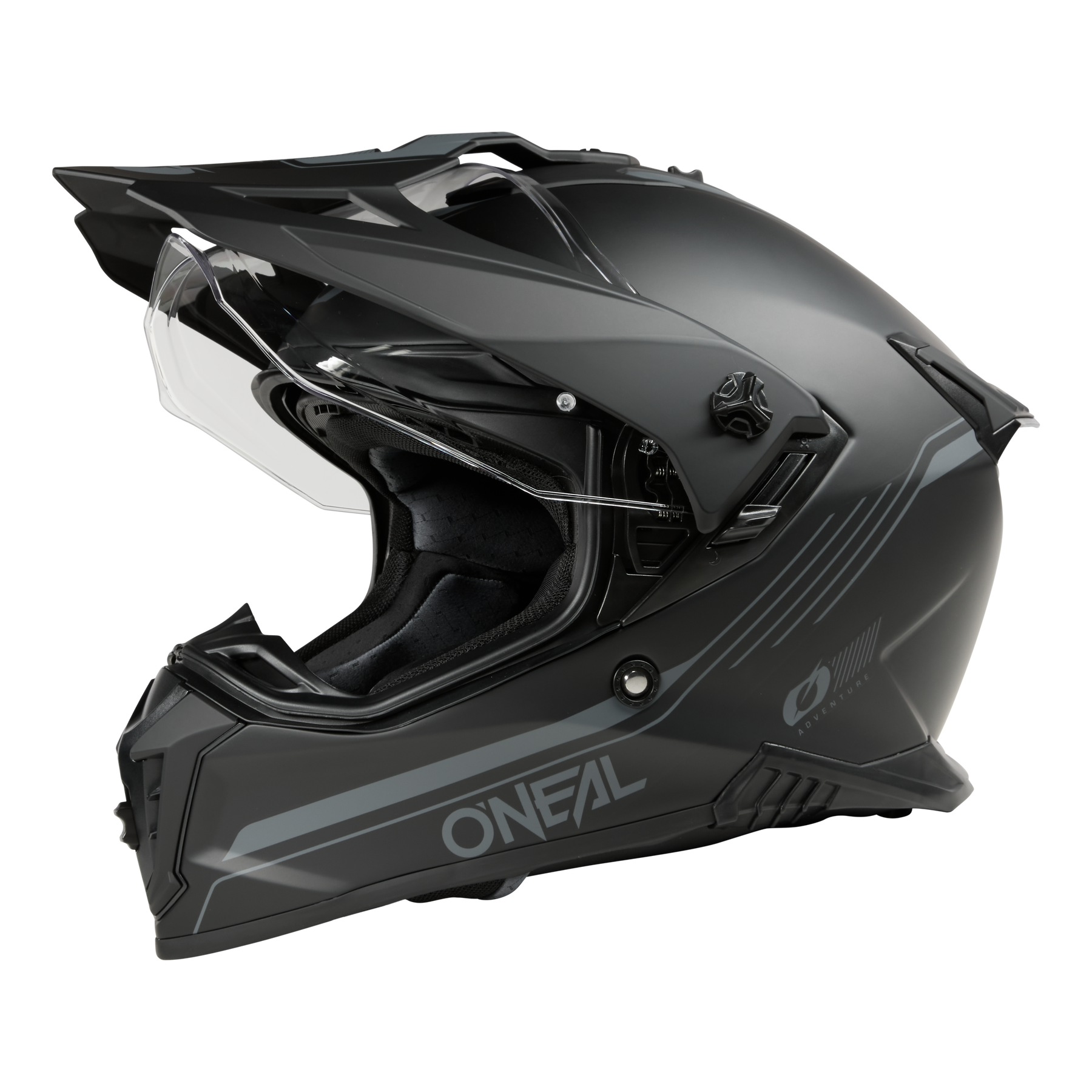 Le casque noir mat O'NEAL A-SRS SOLID dispose d'une visière claire, d'un profil aérodynamique avec des lignes anguleuses, de fentes latérales fines, d'un logo O'NEAL et est compatible Bluetooth. Fabriqué en fibre de verre pour les motards.