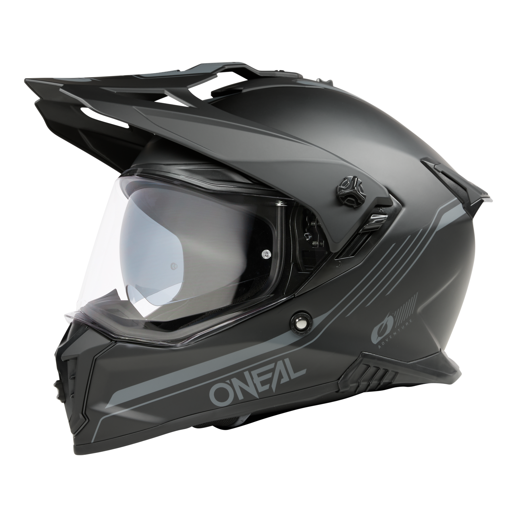 Un casque O'NEAL A-SRS SOLID noir mat avec une visière claire, un design anguleux et aérodynamique, vue de côté sur fond noir. Bluetooth-ready pour une connectivité facile.