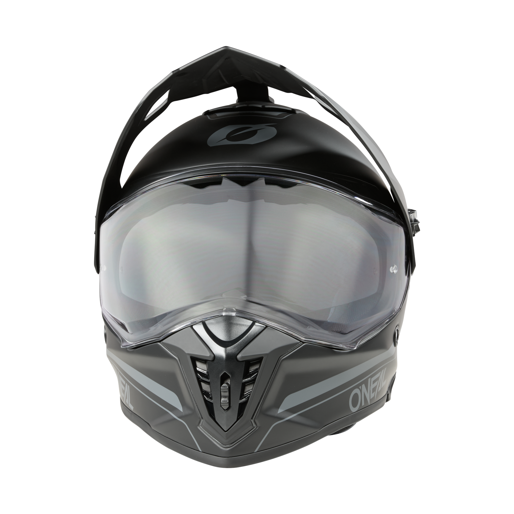 Le casque O'NEAL A-SRS Helmet SOLID est un casque de moto noir et gris avec une visière claire relevée, un rembourrage intérieur visible, des caractéristiques aérodynamiques et un design compatible avec le Bluetooth, illustré sur un fond noir.