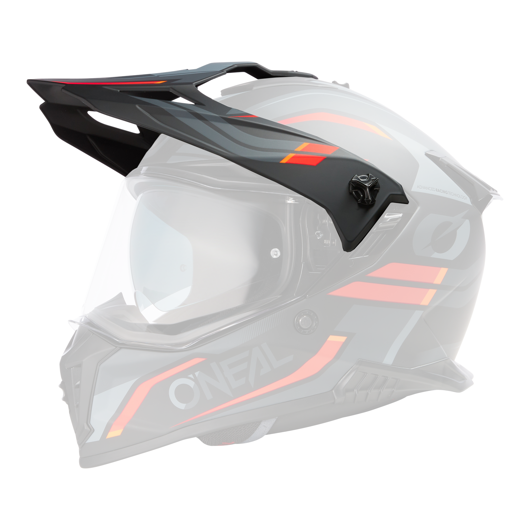 El Casco O'NEAL Visor A-SRS SPIKE es un casco de moto negro y gris con detalles en rojo y naranja, una visera transparente y un diseño aerodinámico anguloso.