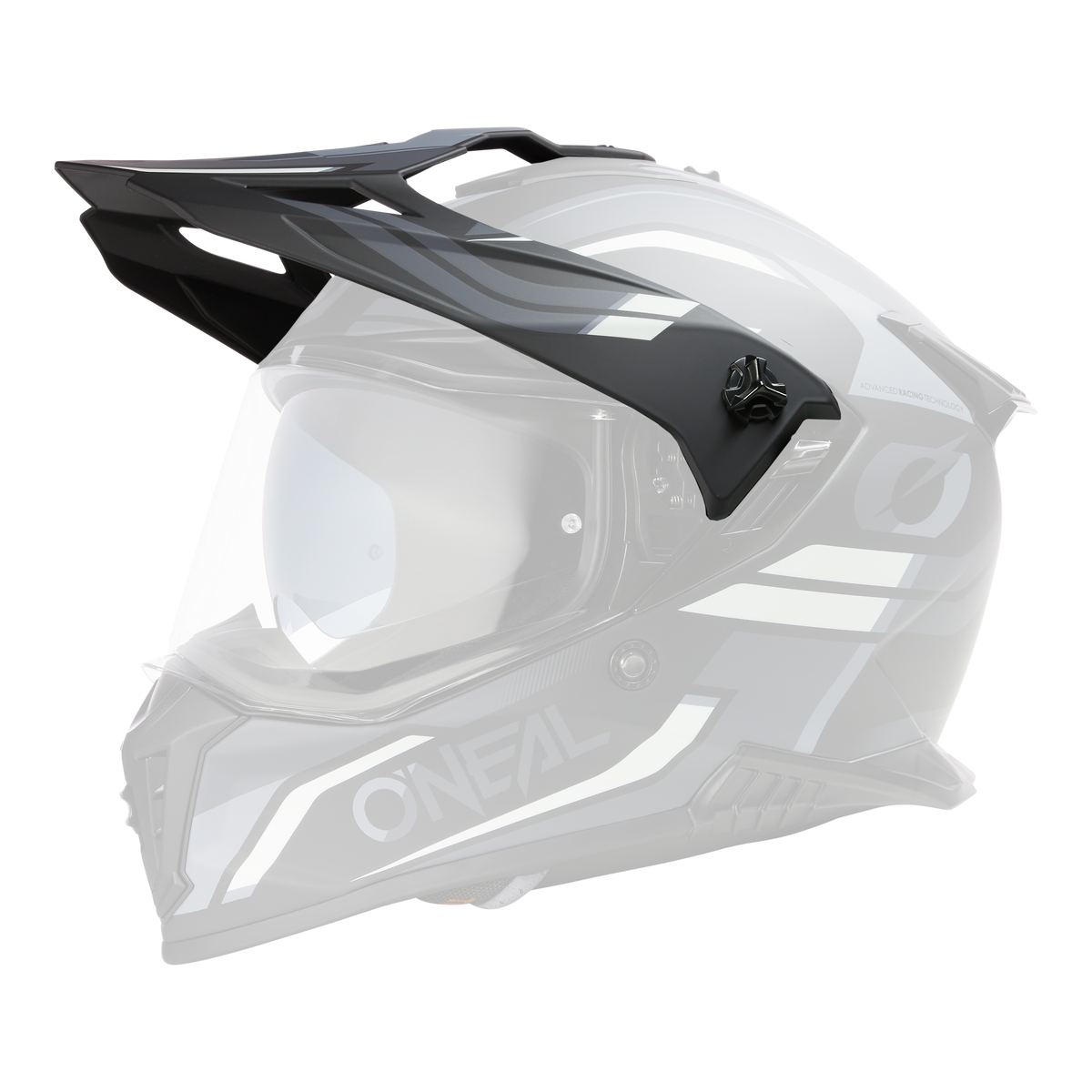 El Casco O'NEAL Visor A-SRS SPIKE es un casco de motocross negro mate y gris con detalles geométricos blancos, una visera transparente y el logotipo O'NEAL en el lateral, que destaca sobre un fondo negro.