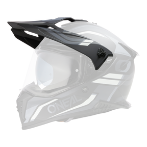 El Casco O'NEAL Visor A-SRS SPIKE es un casco de motocross negro mate y gris con detalles geométricos blancos, una visera transparente y el logotipo O'NEAL en el lateral, que destaca sobre un fondo negro.
